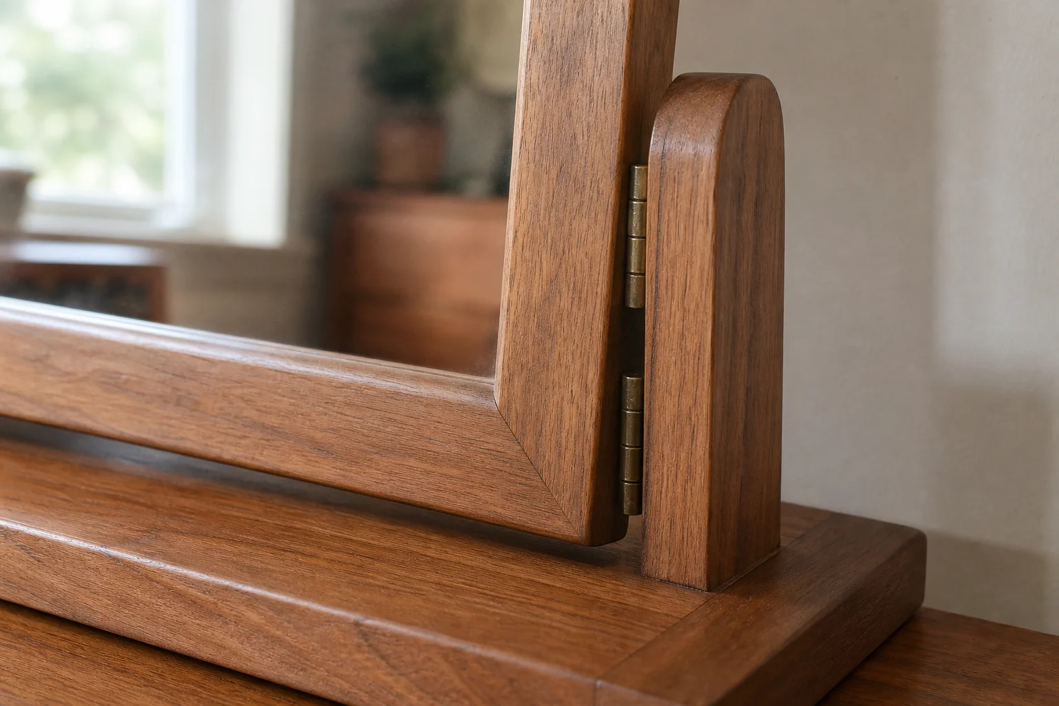 Close-up of teak dressing table mirror hardware and frame. photorealistic: Close-up shot of a solid teak wood dressing table mirror frame, showing the wood grain and joinery detail where the mirror swivels on brass hinges. Warm brown tones