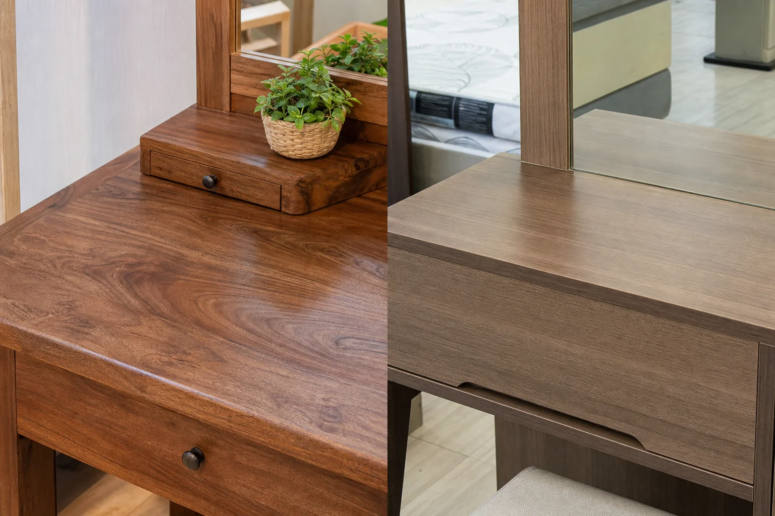 Side by side comparison of solid teak and engineered wood furniture texture. photorealistic: Split-scene photograph comparing two dressing table corners side by side: left side showing solid teak wood grain with rich brown tones (#765139