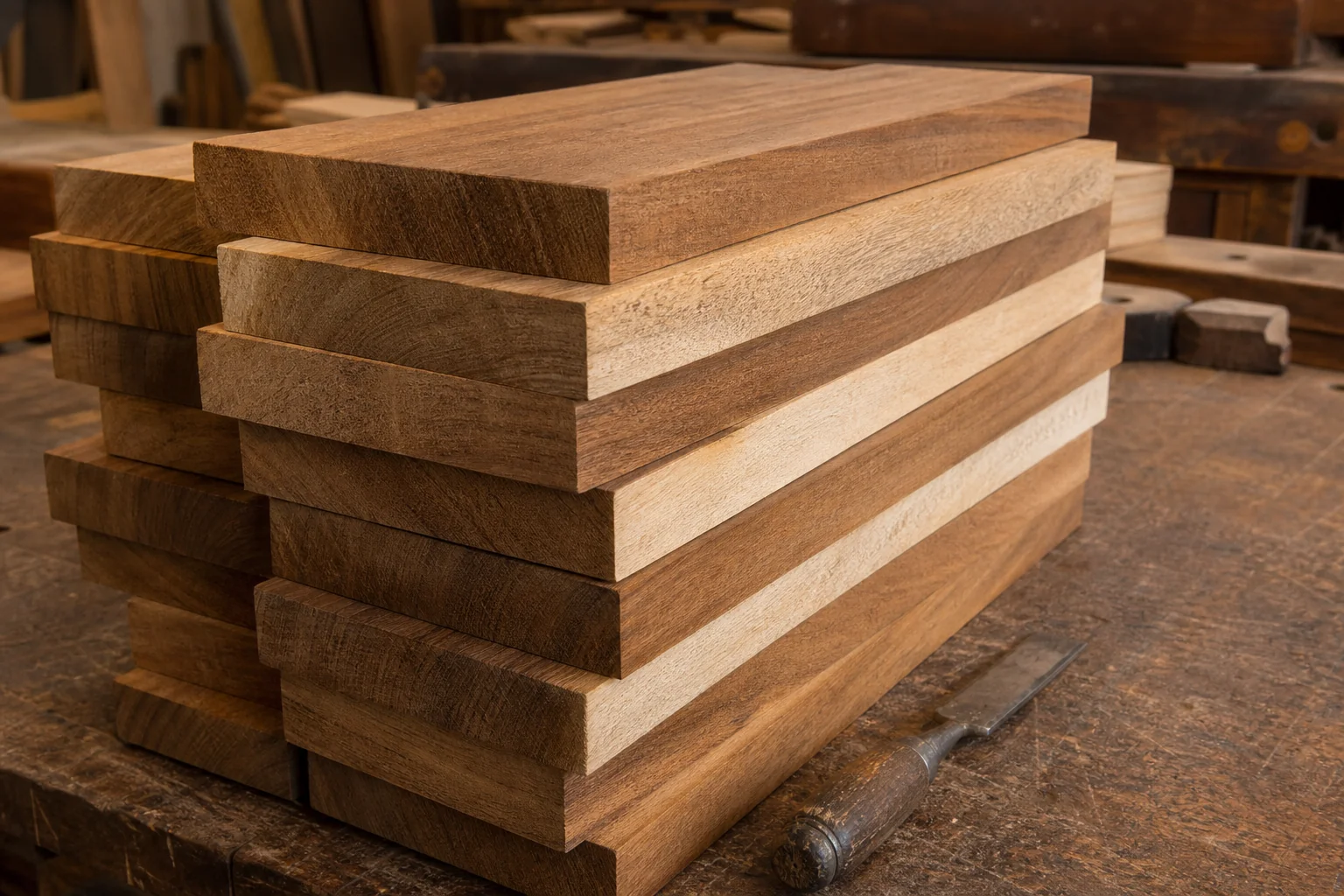 Raw teak wood planks showing grain and heartwood color. photorealistic: Stacked raw teak wood planks in a furniture workshop, showing rich golden-brown heartwood grain, some planks lighter sapwood at the edges for comparison. Warm workshop
