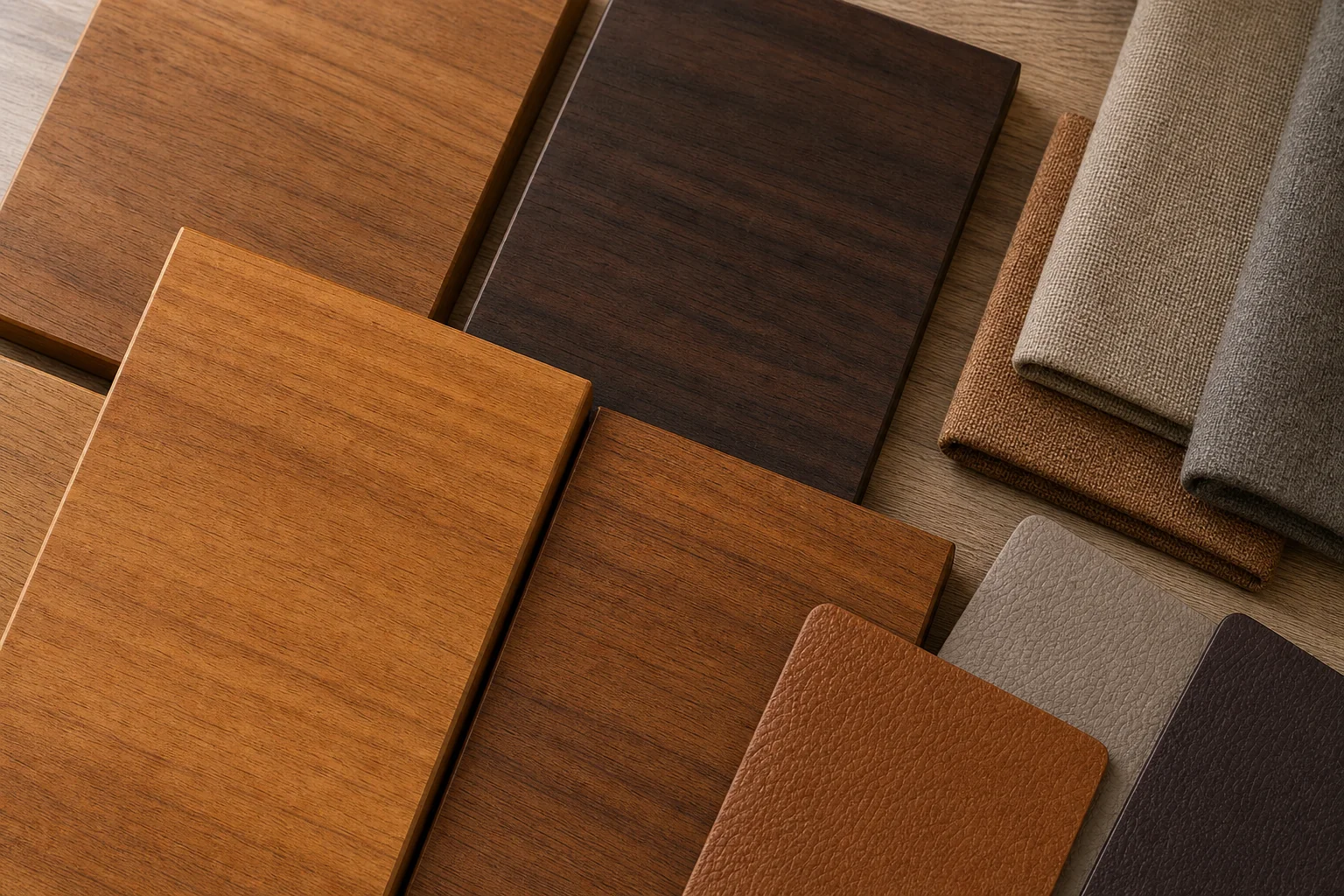Teak Wood Sofa Sets in Pune: Online Buying Guide 2026 1 Close-up of teak wood sofa frame finish samples and fabric swatches. photorealistic: Close-up flat-lay of teak wood finish samples in varying tones from light honey to deep walnut brown (#8b7050, #3f352a), arranged next to fabric and