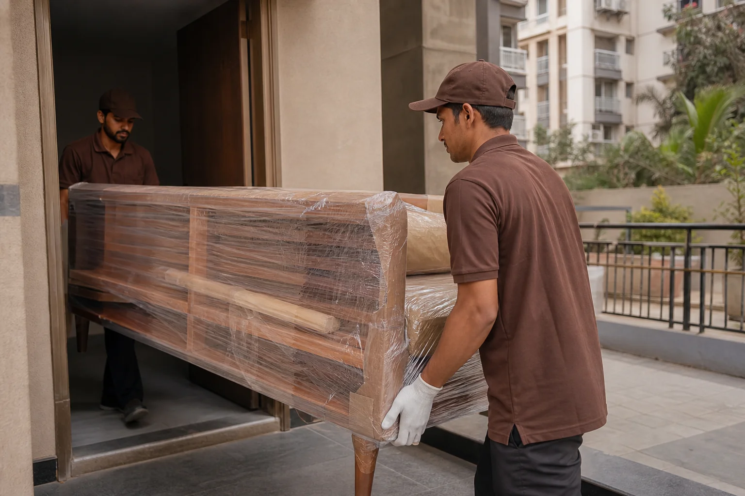 Teak Wood Sofa Sets in Pune: Online Buying Guide 2026 2 Delivery team carefully carrying a wrapped wooden sofa into a Pune home. photorealistic: Two delivery personnel in uniform carefully carrying a protectively wrapped wooden sofa frame through the entrance of an apartment building in Pune