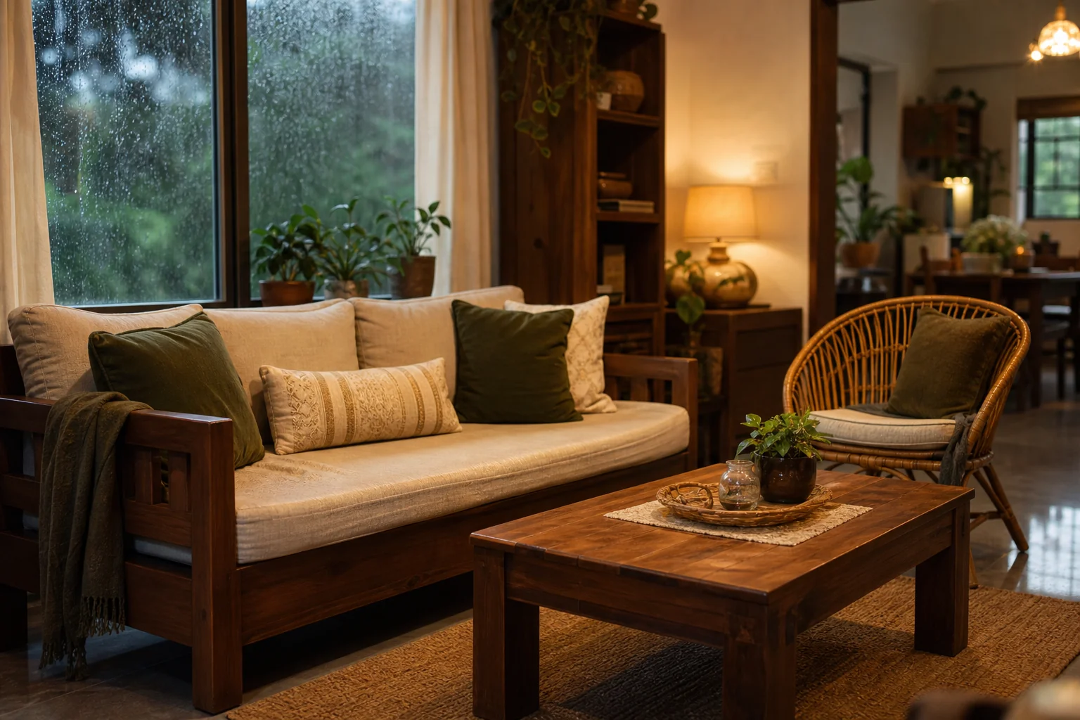 Family in a Hyderabad-style home living room with solid teak wood furniture during monsoon season. Photorealistic photograph of a warm, cozy Indian living room during monsoon season, rain visible on a window in the background, a solid teak