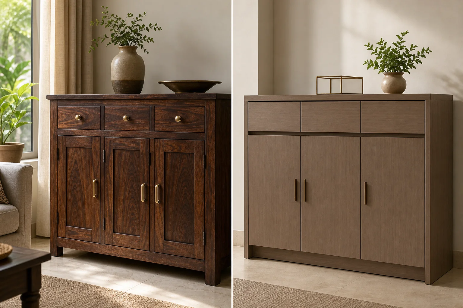 Side-by-side visual contrast of solid teak furniture piece and engineered wood furniture piece in a home setting. Photorealistic photograph showing a split composition inside a modern Indian living room: on one side a solid teak wood