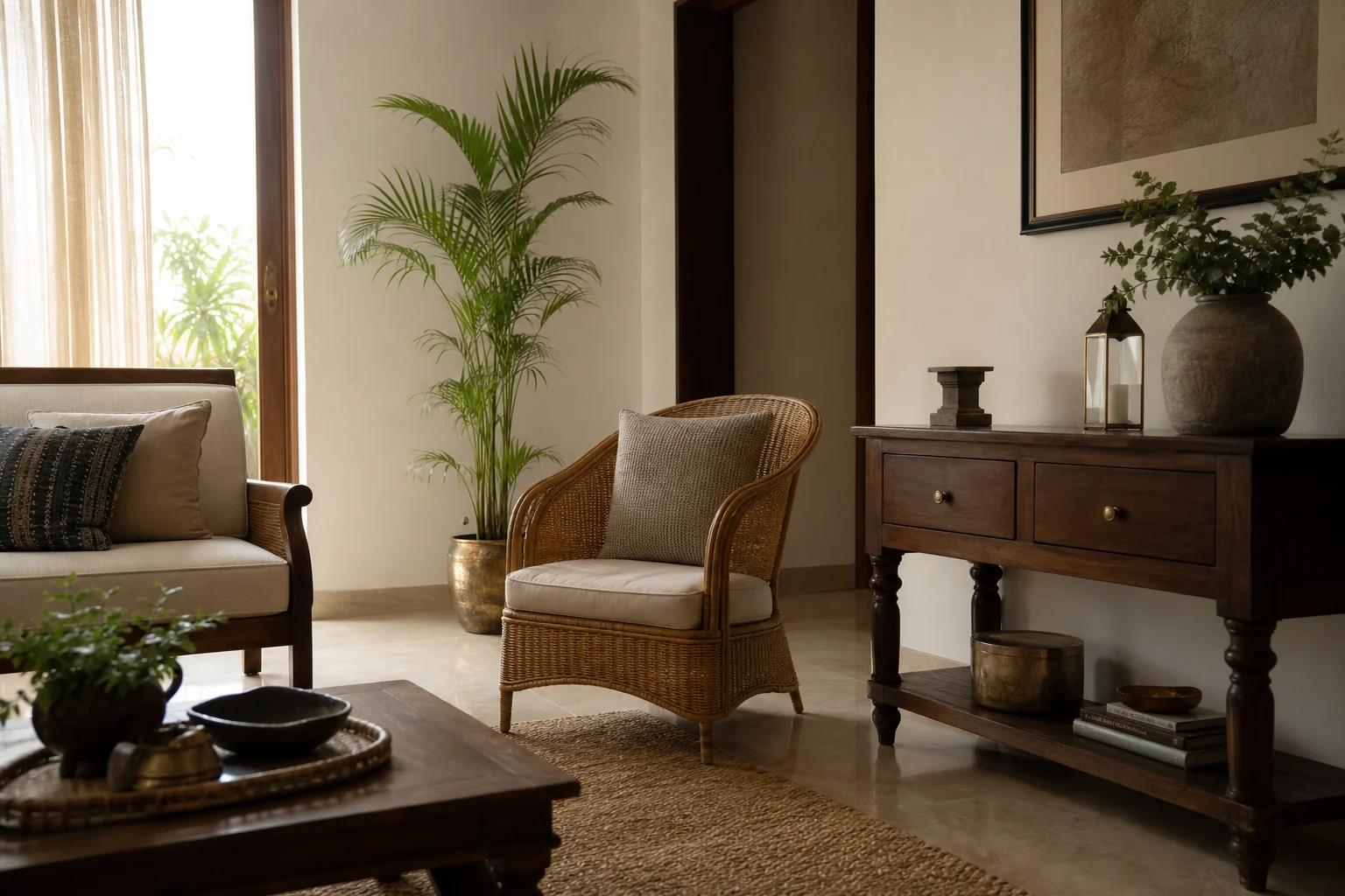 Rattan & Cane Furniture Shopping Guide for Gurugram Homes 3 A living room styled with rattan accent chair paired with teak furniture in a modern Indian apartment. Photorealistic interior photograph of a modern Indian apartment living room featuring a rattan accent chair with a cushioned seat placed