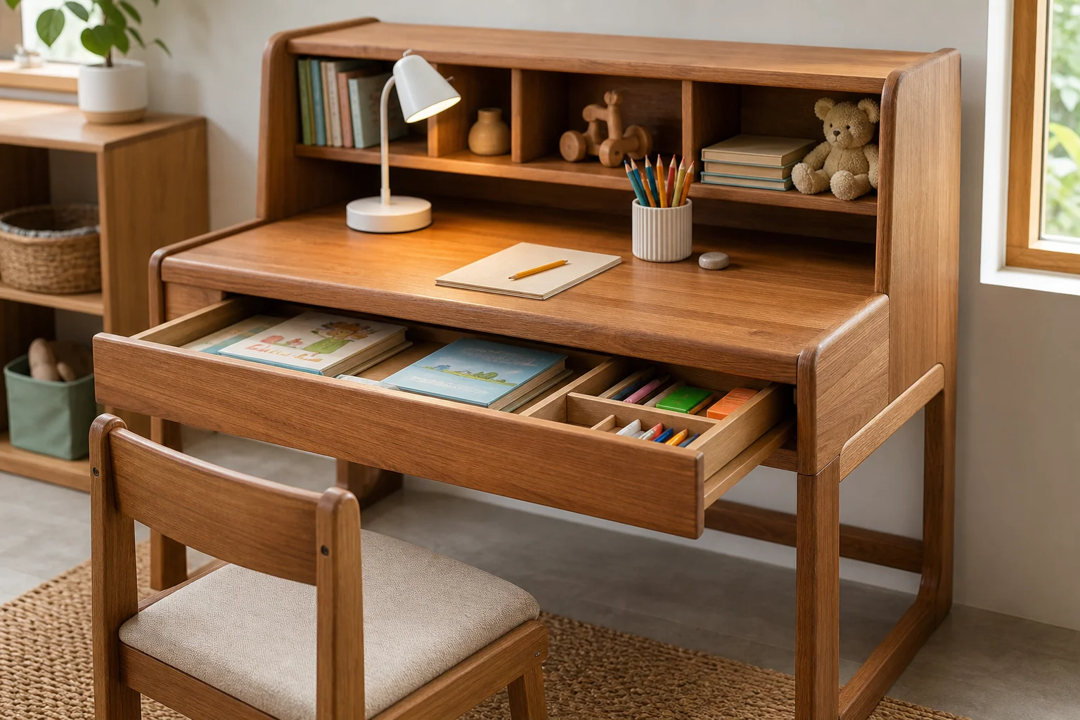 How to Choose the Right Wooden Study Desk for Kids 2 Close-up of a teak wood desk with drawers and shelves for storage. photorealistic close-up photo of a solid teak wood kids' study desk featuring open shelves and a pull-out drawer filled neatly with books, stationery, and a small lamp, warm