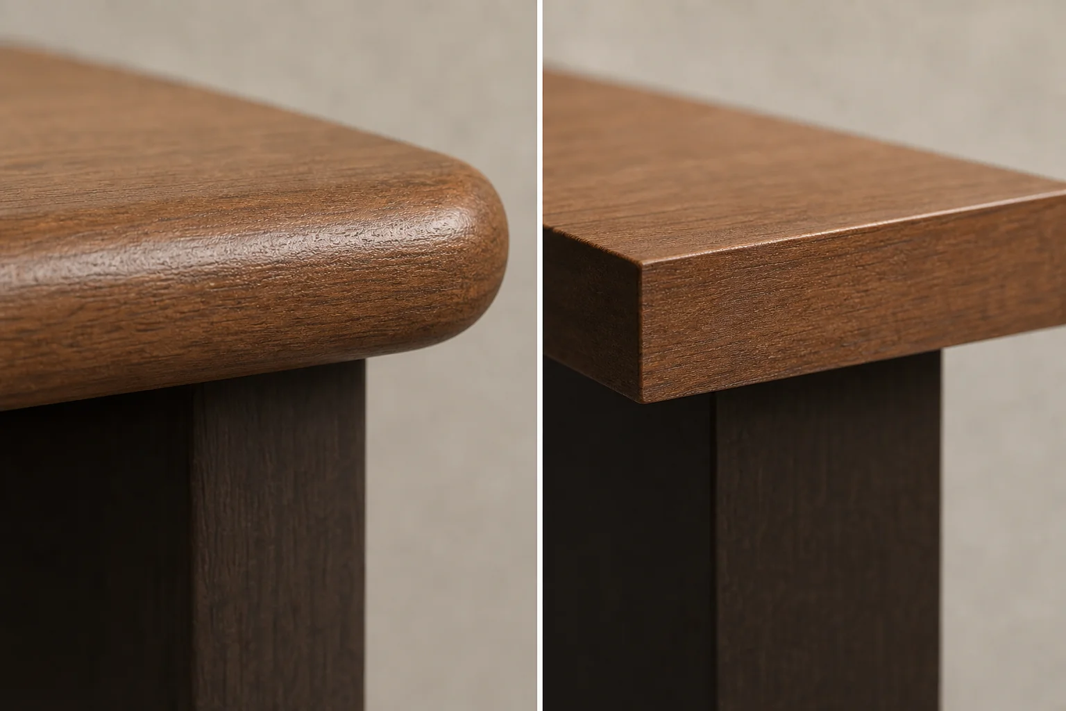 How to Choose the Right Wooden Study Desk for Kids 3 Comparison-style photo showing smooth rounded desk edge versus a sharp corner. photorealistic macro photo comparing two wooden desk corners side by side, one with a smooth rounded safe edge and one with a sharp squared unsafe edge, soft