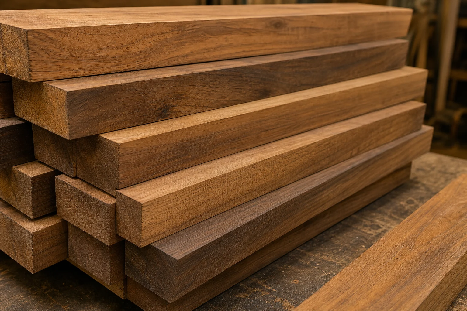 What Affects Teak Wood Sofa Set Prices in 2026? 2 Close-up comparison of teak wood grain quality showing heartwood grade. Photorealistic close-up photo of raw solid teak wood planks stacked showing rich golden-brown heartwood grain texture, some planks darker and denser than others to show