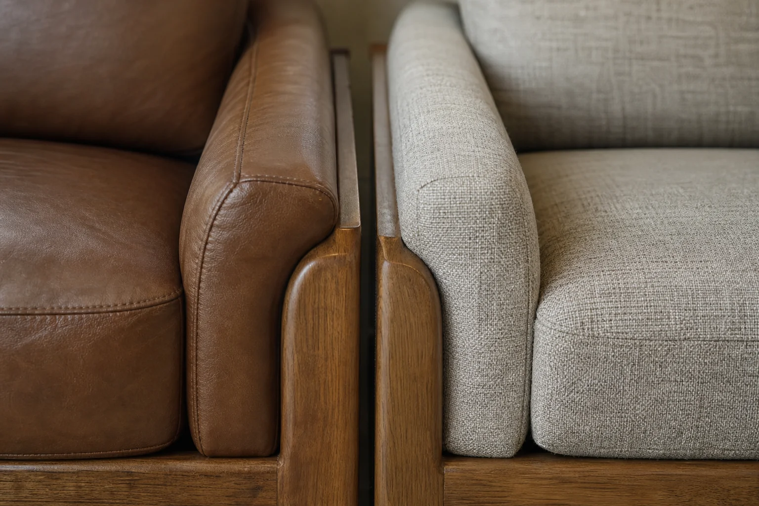 What Affects Teak Wood Sofa Set Prices in 2026? 3 Close-up of sofa upholstery textures comparing leatherette and cushioned fabric. Photorealistic close-up photo showing two sofa armrest corners side by side, one upholstered in smooth brown leatherette and one in soft woven cushion fabric