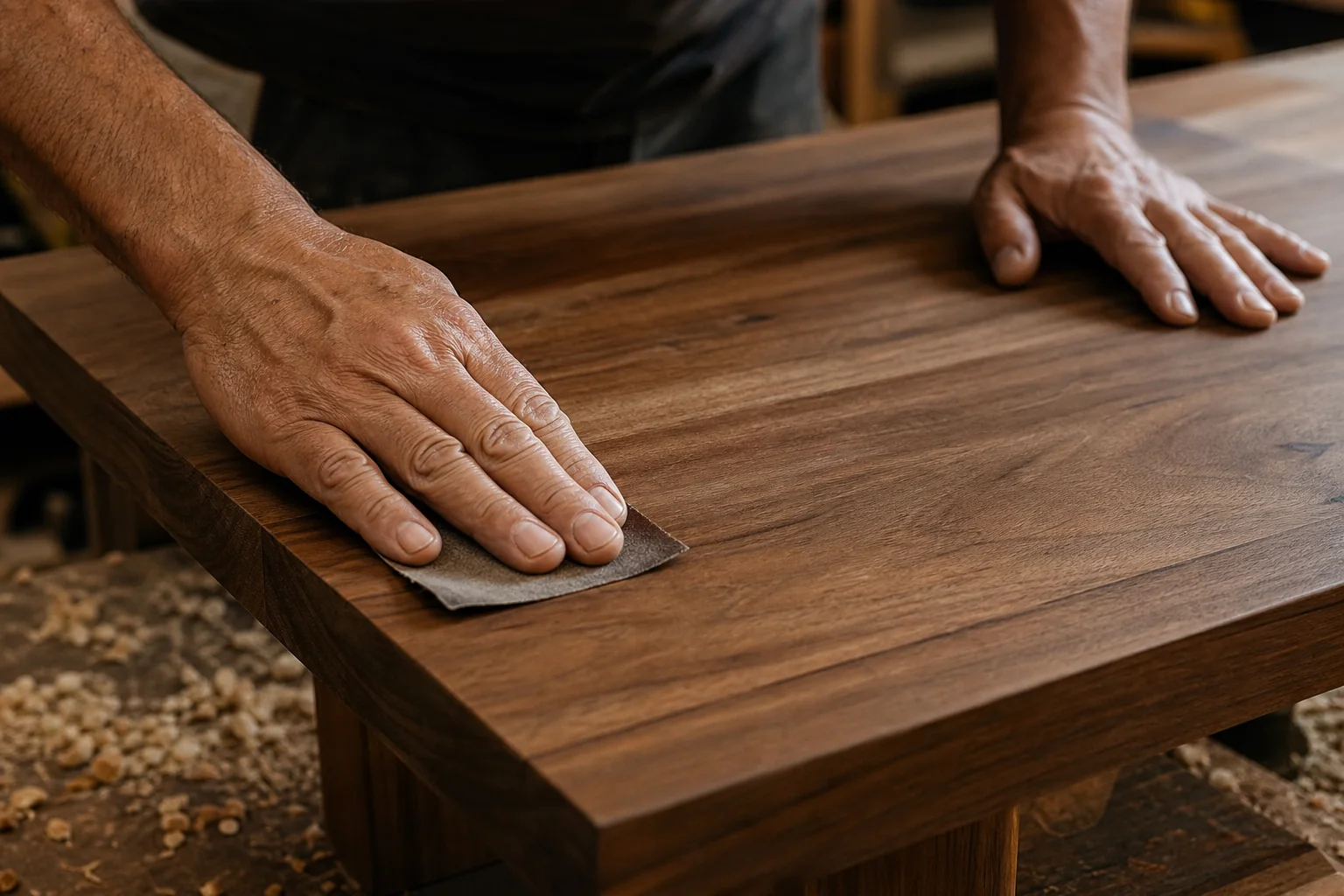 Close-up of craftsman hands finishing solid teak wood grain versus mixed material furniture pieces. photorealistic close-up macro shot of a craftsman's hands sanding and finishing a solid teak wood table surface, visible rich wood grain