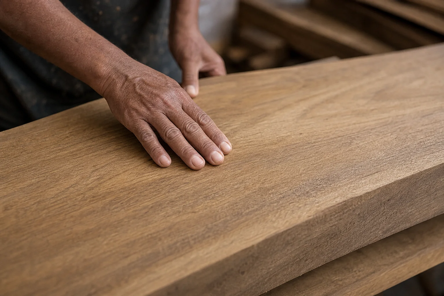 Close-up of raw teak wood grain and texture being inspected by hand for authenticity. Photorealistic close-up photograph of a person's hand running fingers across the grain of a raw solid teak wood plank, showing natural golden-brown color