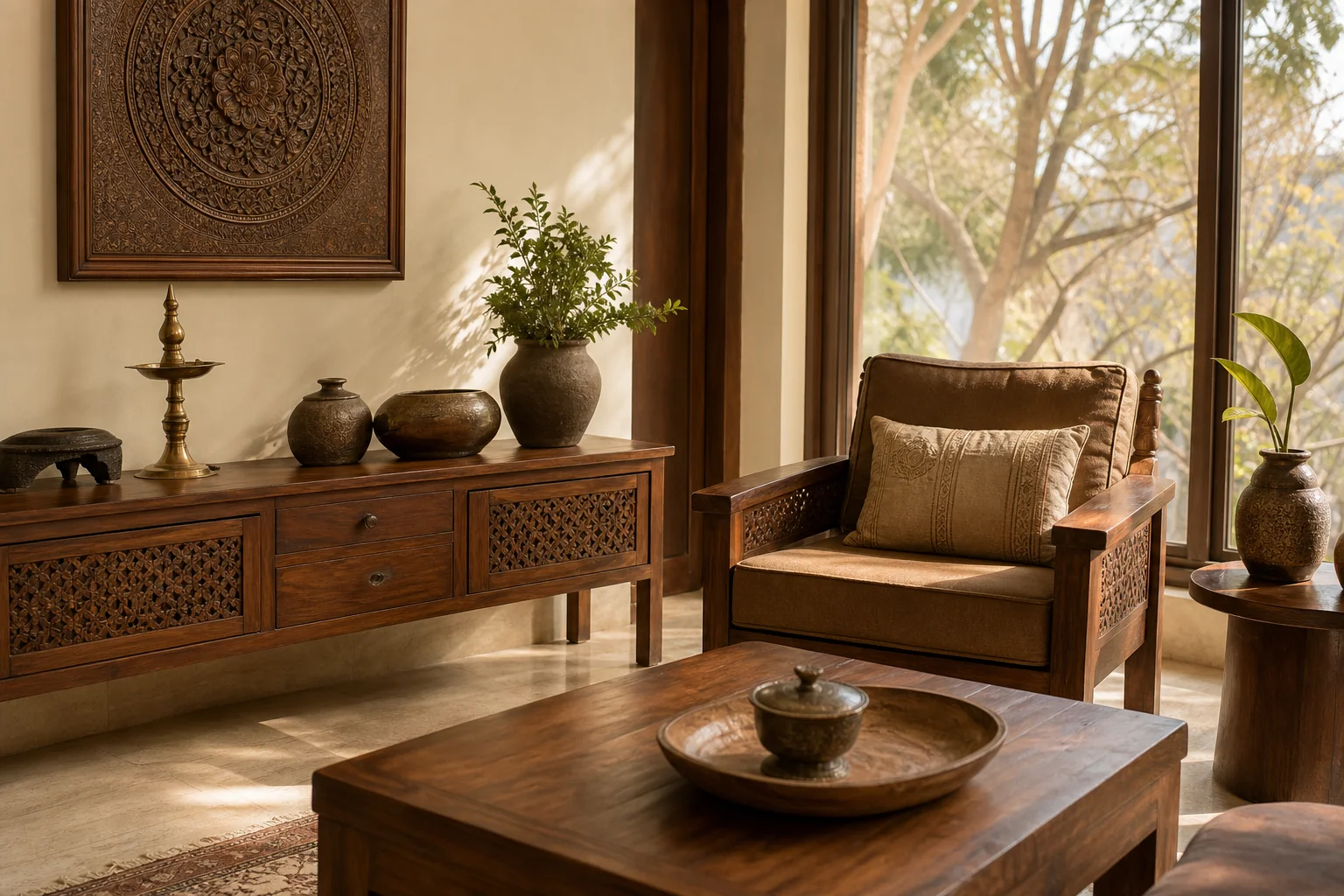 A warm-toned Indore home interior showing solid wood furniture during transition between dry and humid season. Photorealistic interior photograph of a warm, sunlit Indore-style living room with solid teak wood furniture, a wooden console