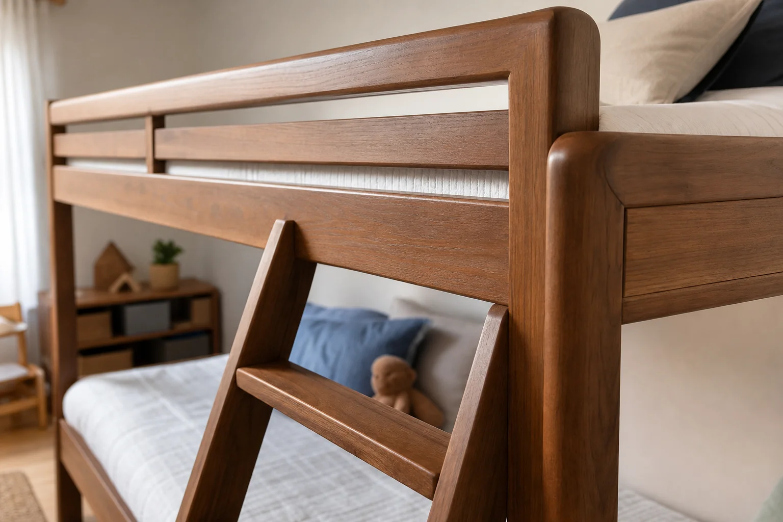 Close-up of safety features on a kids bunk bed: rounded edges, guard railing, and ladder steps. Photorealistic close-up photograph of a solid teak wood bunk bed's safety features, showing a smooth rounded corner edge, a sturdy full-length