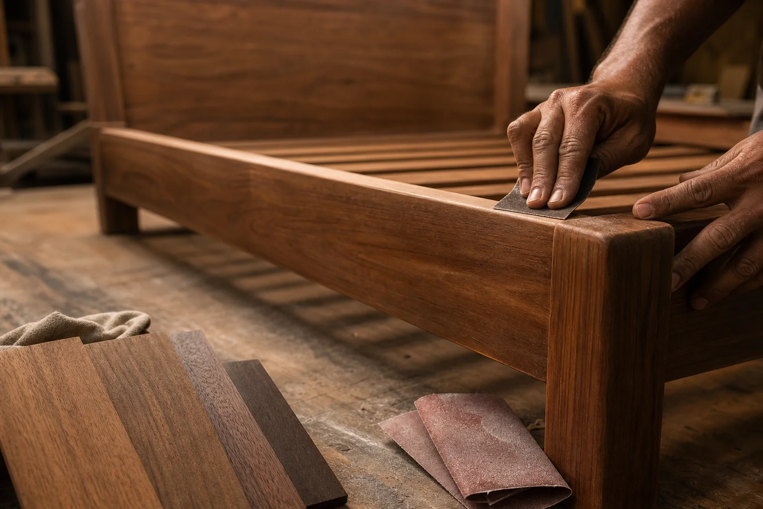 Close-up comparison of teak wood grain and finish textures used in kids furniture. Photorealistic close-up photograph of solid teak wood surface samples showing natural matte finish grain in warm brown tones (#765139, #8b7050, #3f352a), a
