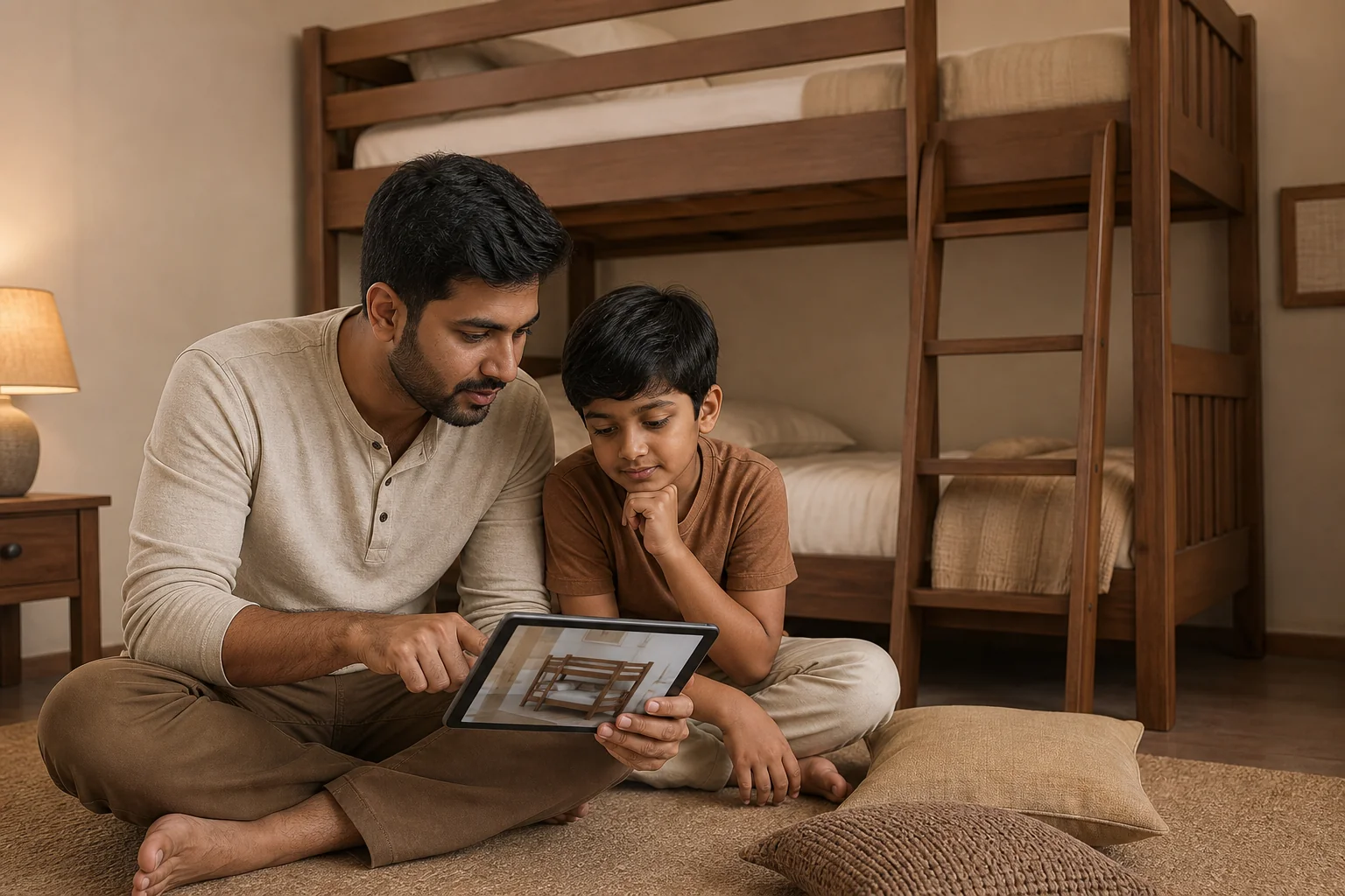 A parent and child looking at furniture options together, representing budgeting and family decision-making. Photorealistic photograph of a young Indian parent sitting with their child on the floor of a bedroom, both looking thoughtfully at