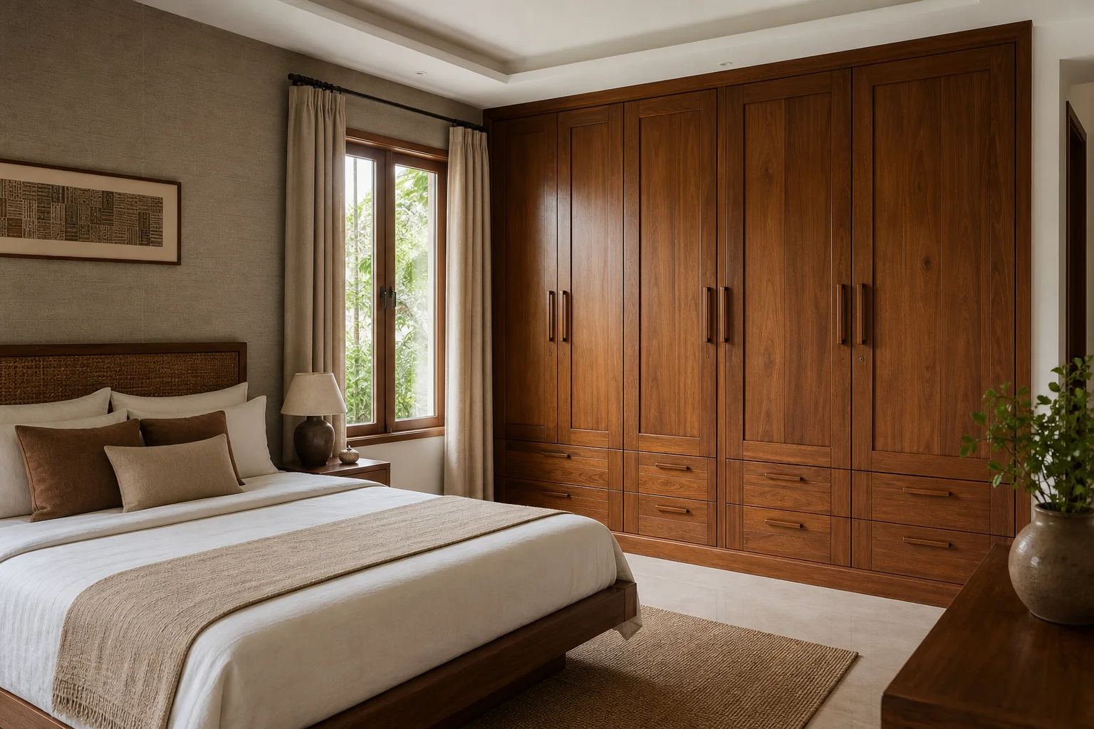 Side-by-side comparison of solid teak wardrobe and engineered wood wardrobe in a bedroom setting. photorealistic: a tastefully furnished Indian bedroom with a large solid teak wood wardrobe with rich warm brown finish on one side, natural
