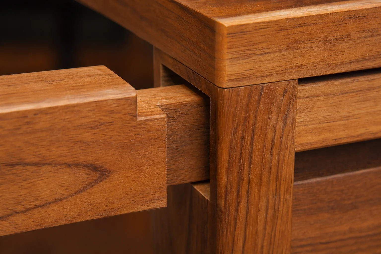 Close-up of mortise and tenon teak wood joinery. photorealistic: extreme close-up of a hand-cut mortise and tenon joint in solid teak wood furniture, showing precise interlocking wood joinery, rich golden-brown teak grain texture, soft
