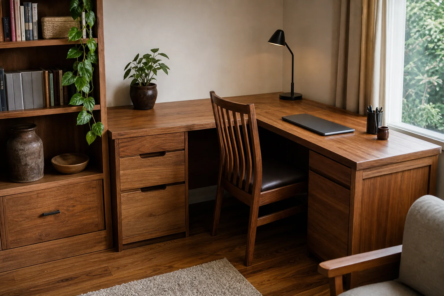 Compact L-shaped teak desk in a small apartment home office setup. Photorealistic photo of a compact L-shaped solid teak wood office desk fitted into a small apartment corner, warm wood tones (#8b7050, #3f352a), a wooden desk chair tucked