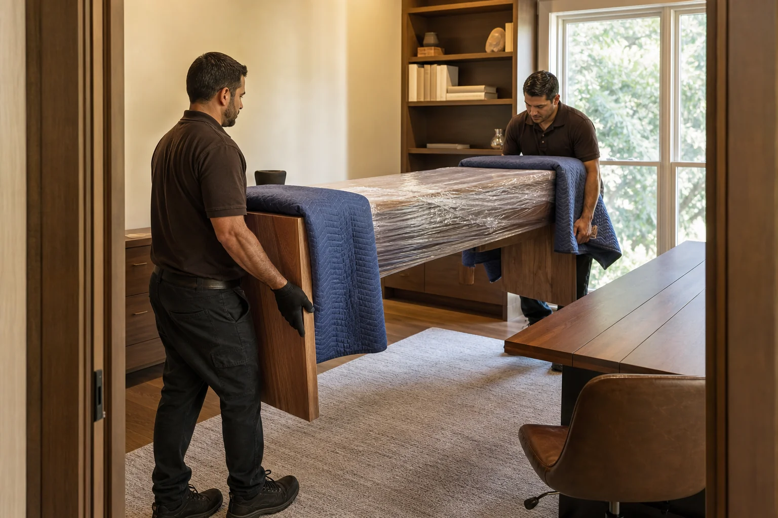 Delivery and unboxing of solid teak furniture at a home office in Indore. Photorealistic photo of two delivery personnel carefully carrying a wrapped solid teak wood desk into a bright home office, protective packaging blankets visible