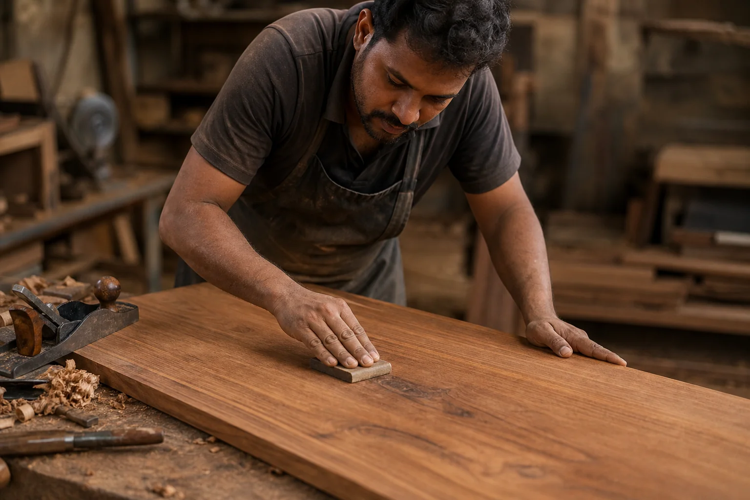 Custom Teak Office Desks in Noida: What to Expect 2 Craftsman working on shaping a teak wood desk panel in a workshop. photorealistic, a skilled Indian woodworking craftsman in a furniture workshop carefully sanding and finishing a solid teak wood desktop panel, wood shavings and hand tools
