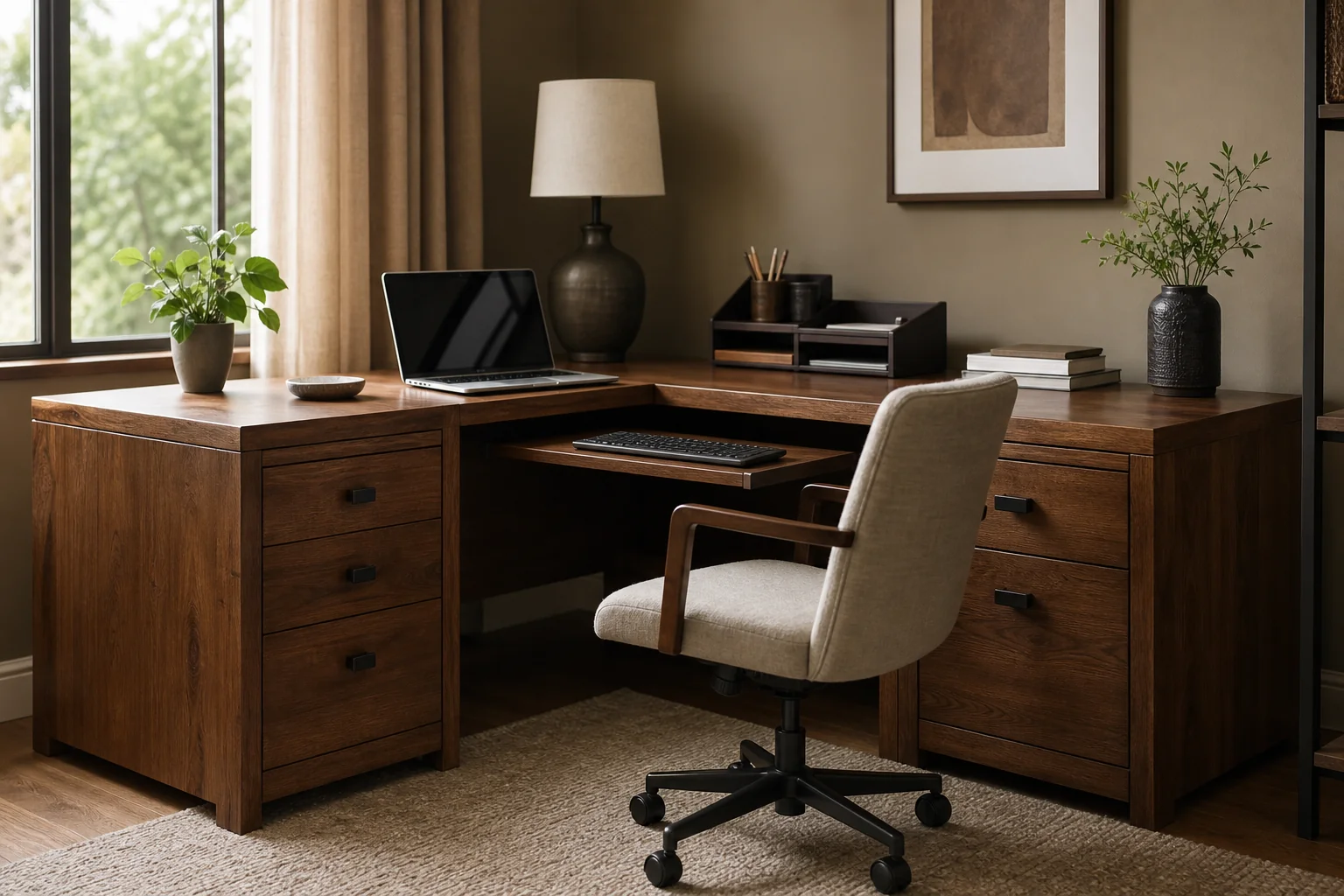 Custom Teak Office Desks in Noida: What to Expect 3 L-shaped teak desk styled for a compact home office corner. photorealistic, an L-shaped solid teak wood office desk with built-in drawers and a keyboard tray, placed in the corner of a compact stylish home office, muted earthy wall tones
