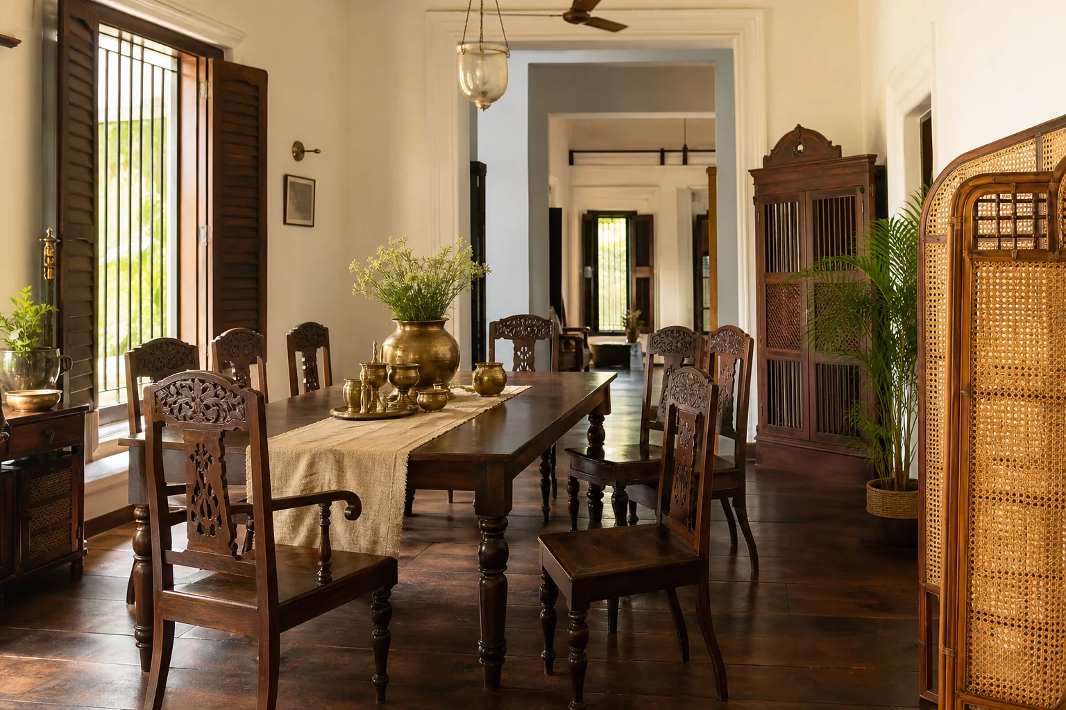 A colonial-style teak wood bedroom or dining setup showing classic carved details, contrasted conceptually with a modern mid-century piece. photorealistic: an elegant colonial-style solid teak wood dining set inside a bright Chennai