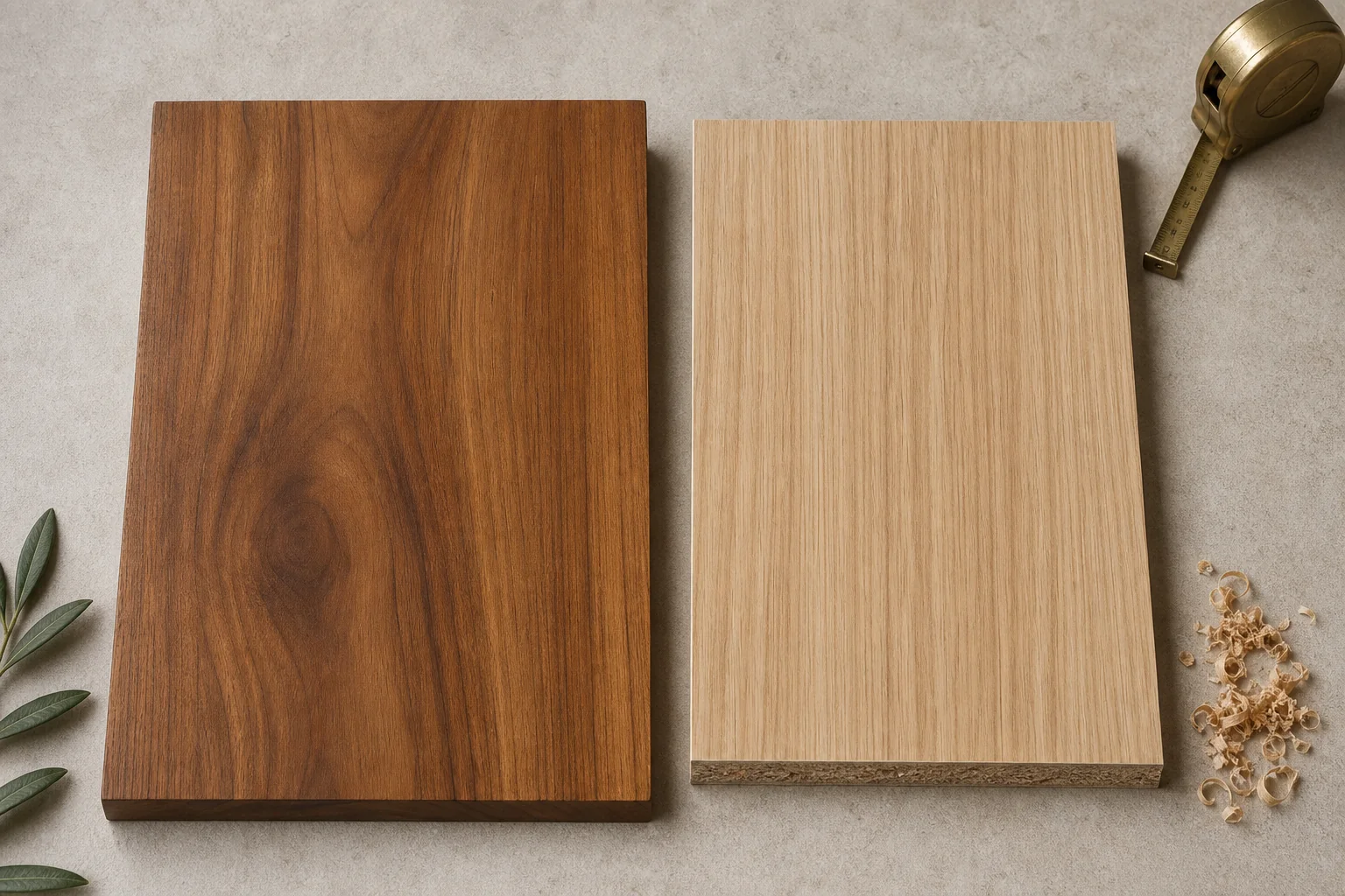 Close-up comparison shot of two furniture material samples: solid teak wood grain and engineered wood/MDF panel, side by side for texture comparison. photorealistic: an overhead flat-lay photo comparing two furniture material swatches side