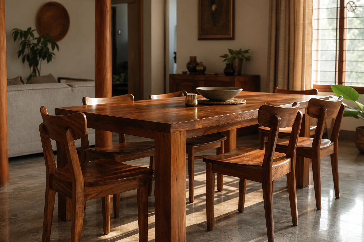 Why Is Teak Wood Furniture So Expensive? 3 Elegant solid teak dining set in a modern Indian home setting. photorealistic interior photograph of a solid teak wood dining table and chairs set inside a warmly lit modern Indian home, sunlight streaming through a window highlighting the