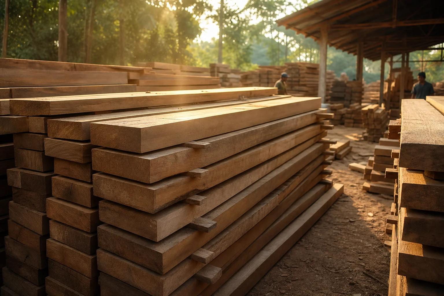 Why Is Teak Wood Furniture So Expensive? 2 Stacks of teak planks air-drying in a wood yard. photorealistic wide photograph of neatly stacked raw teak wood planks air-seasoning in an open-air timber yard, warm afternoon sunlight casting long shadows across the wood stacks, rich brown