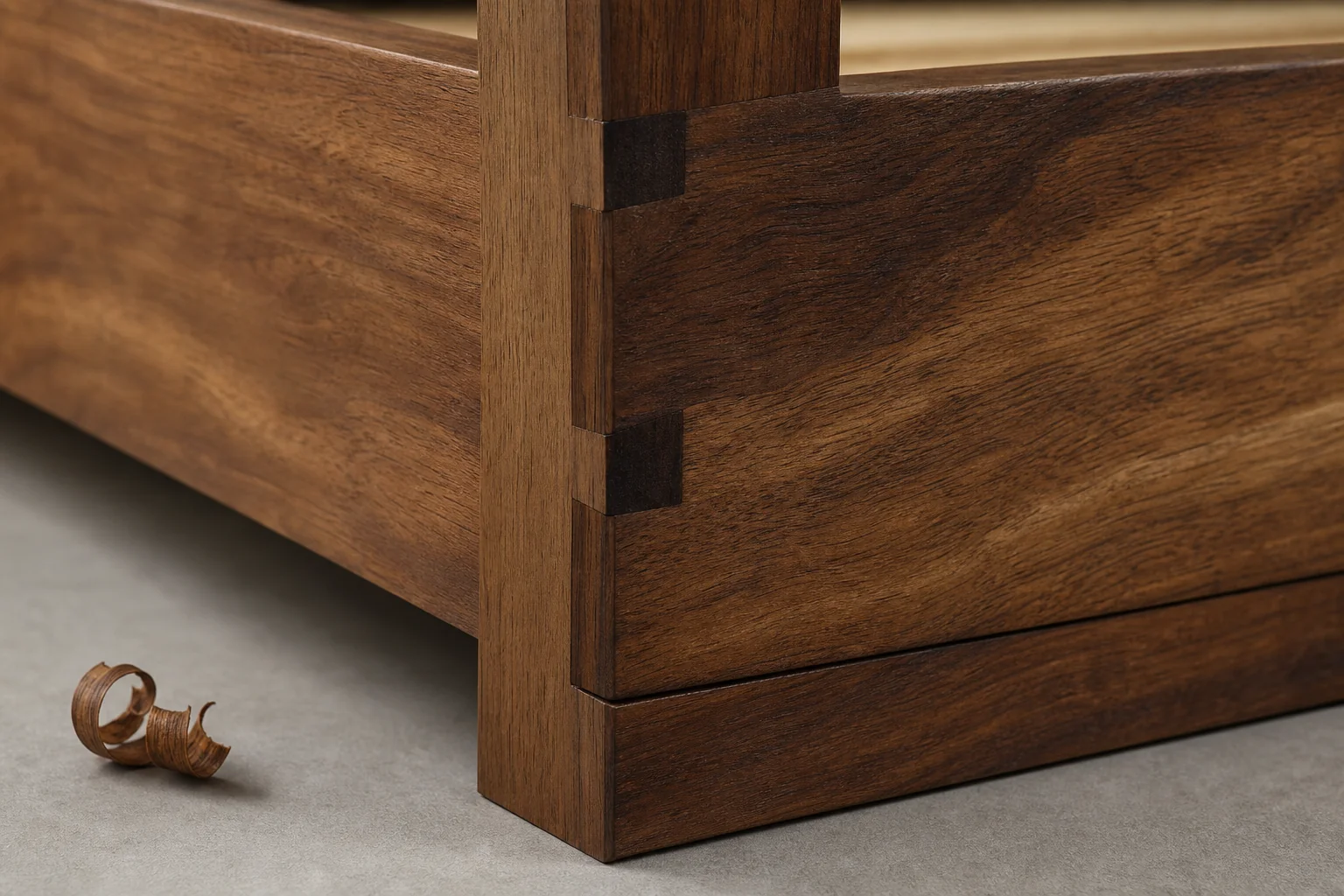 Close-up of solid teak wood grain and joinery on a bed frame, contrasted with the idea of engineered wood cores. photorealistic. Close-up macro shot of solid teak wood grain on a bed frame corner joint, showing rich natural wood texture in