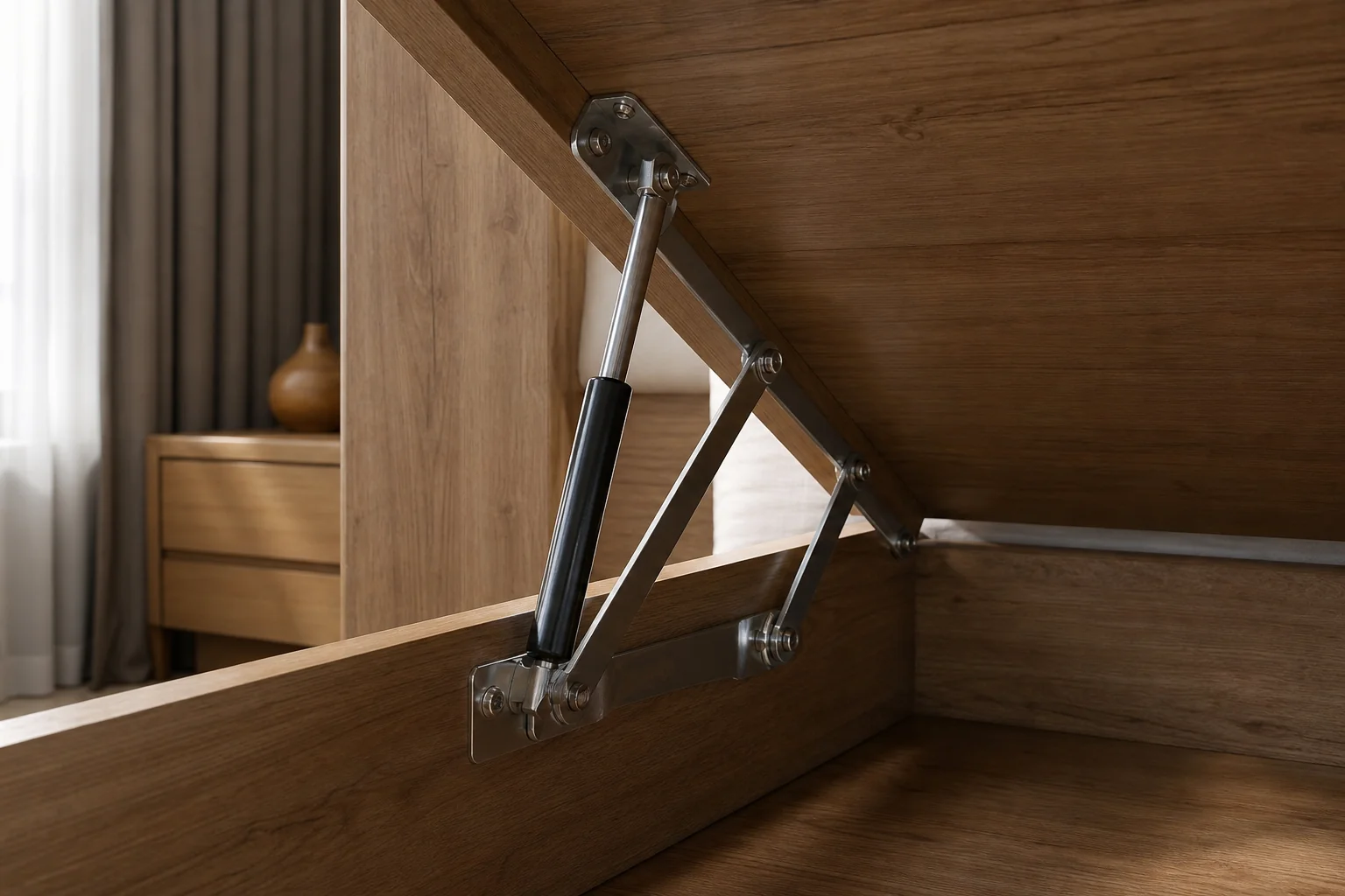 Detail shot of a sturdy hydraulic strut mechanism lifting a storage bed base, emphasizing quality hardware. photorealistic. Detailed close-up of a heavy-duty hydraulic gas strut mechanism attached to a solid wood storage bed frame, base
