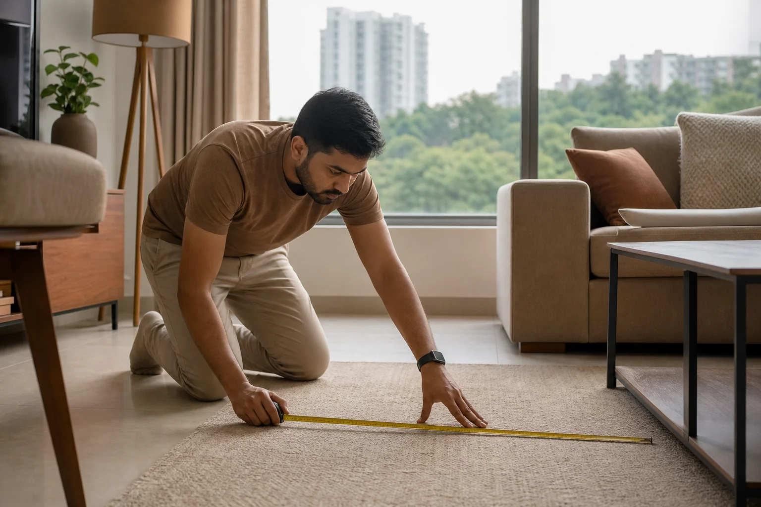 Teak Living Room Furniture in Bengaluru: 2026 Buying Guide 2 A homeowner measuring living room space in a Bengaluru apartment before furniture placement. Photorealistic photo of an Indian homeowner in casual clothing kneeling on a living room floor with a measuring tape, planning furniture layout in