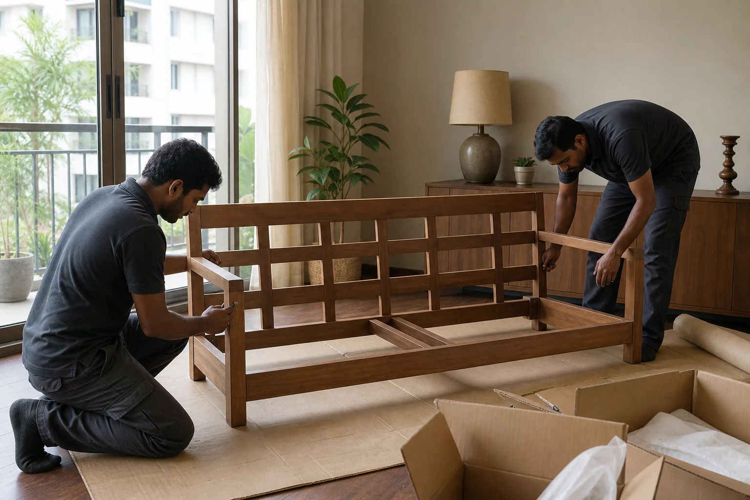 Teak Living Room Furniture in Bengaluru: 2026 Buying Guide 3 Furniture delivery and assembly team setting up a teak sofa in a Bengaluru home. Photorealistic photo of two delivery professionals carefully assembling a solid teak wood sofa frame inside a bright apartment living room in Bengaluru