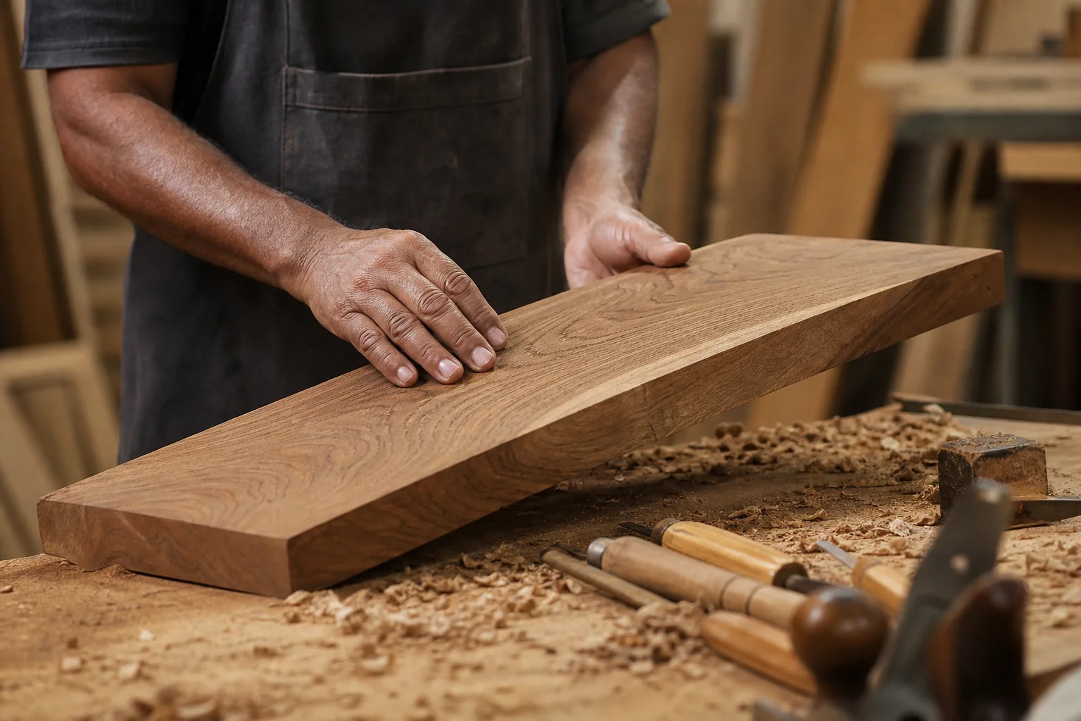 Teak Baby & Nursery Furniture in Vizag: 2026 Guide 3 Craftsman inspecting raw teak wood planks in a workshop setting. Photorealistic photograph of a furniture craftsman's hands examining a raw teak wood plank in a well-lit workshop, visible wood grain and golden-brown tones (#765139