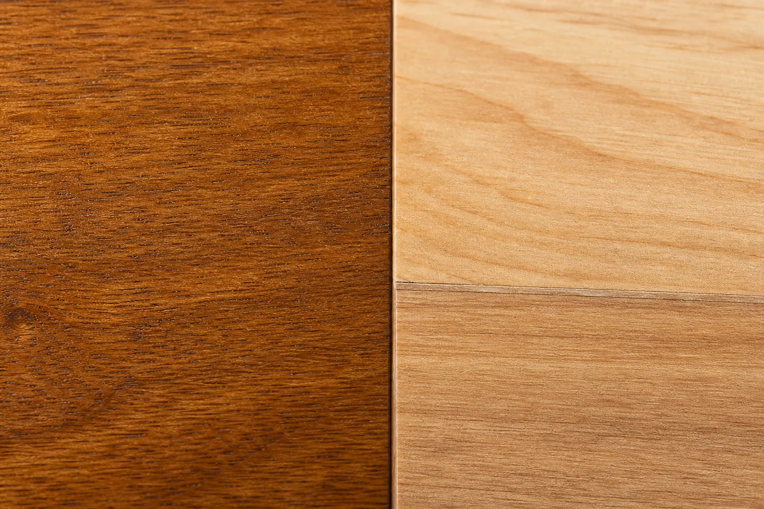 Close-up comparison of solid teak wood grain versus mixed wood furniture surface. Photorealistic close-up macro photograph comparing two wood surfaces side by side, left side showing dense golden-brown solid teak wood grain with visible