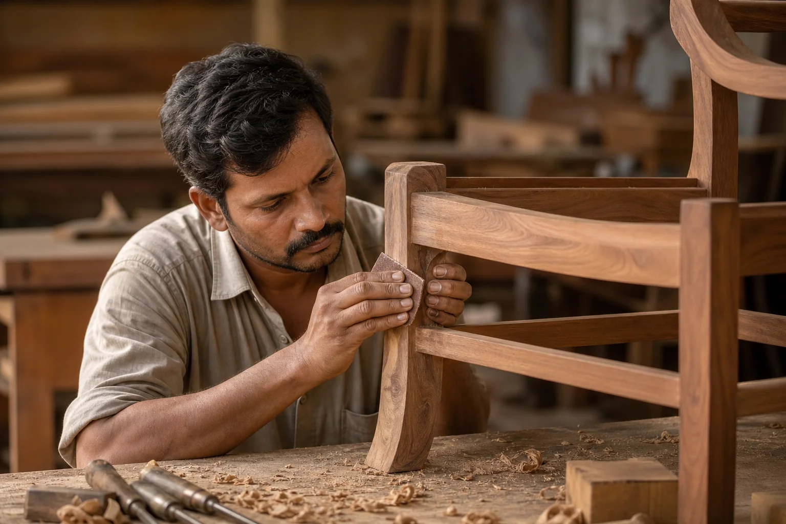A craftsman inspecting and repairing a wooden furniture joint in a workshop. Photorealistic photograph of a skilled Indian carpenter in a furniture workshop carefully sanding and inspecting a teak wood joint on a chair frame, warm workshop