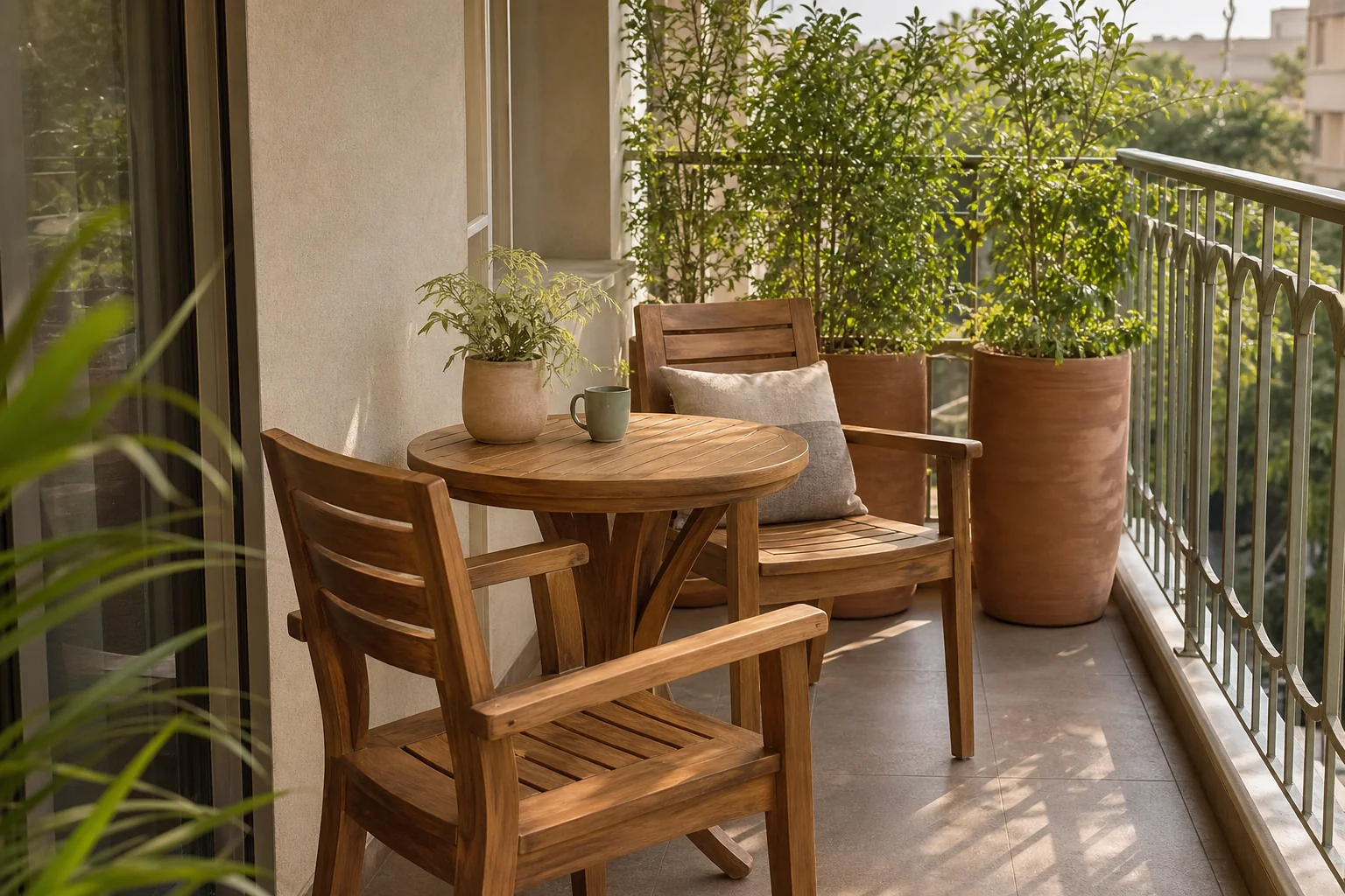Small balcony styled with a 2-seater teak bistro set and planters. photorealistic photo of a cozy small balcony styled with a solid teak wood bistro set (two chairs and a round table), terracotta planters used as space dividers, warm