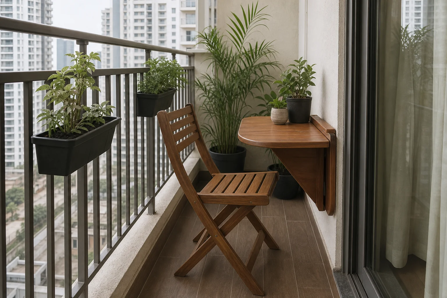 Compact foldable teak furniture on a narrow apartment balcony. photorealistic photo of a narrow high-rise balcony in a Hyderabad apartment complex like Gachibowli, showing a compact foldable teak wood chair and a small wall-mounted