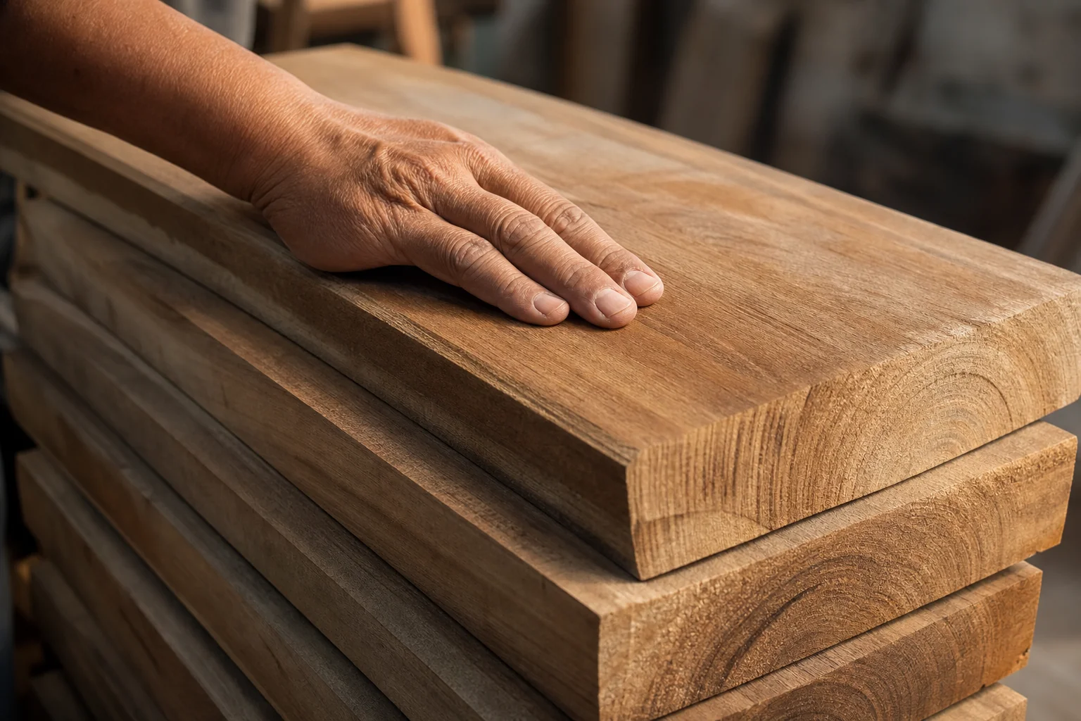 Close-up of raw teak wood planks and grain being inspected, symbolizing verification and quality checking of sourcing. Photorealistic close-up photograph of stacked raw teak wood planks showing natural golden-brown grain texture, warm side