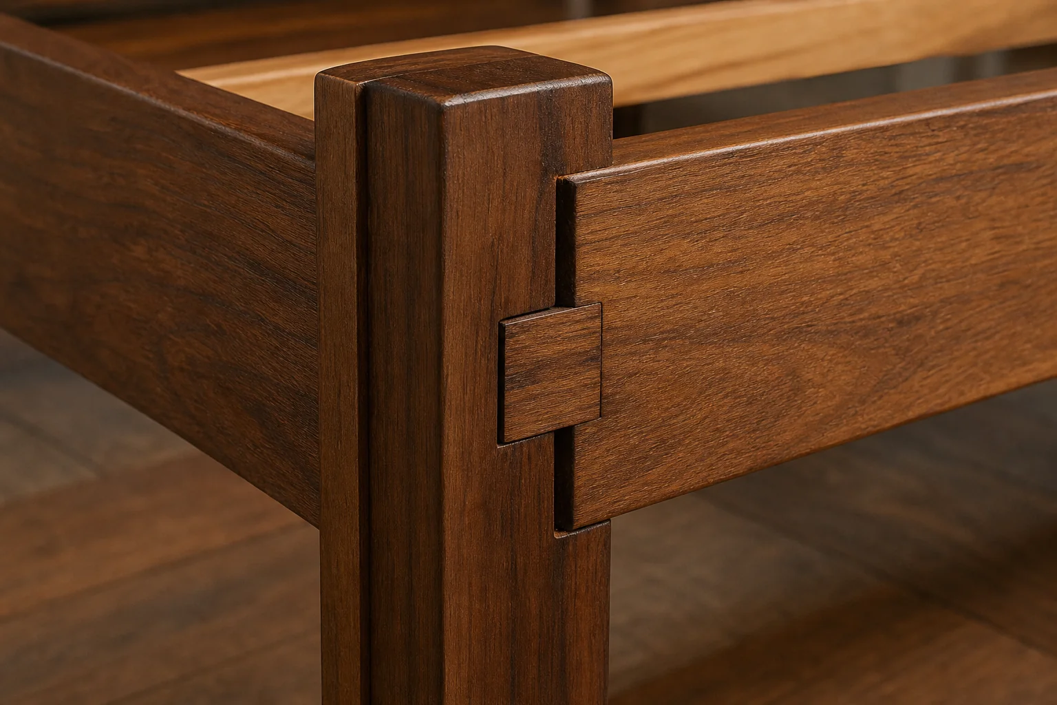 Close-up of solid teak wood bed joinery showing craftsmanship and grain. photorealistic close-up photograph of a solid teak wood bed frame joint, showing rich brown wood grain, mortise and tenon joinery detail, warm honey and umber tones
