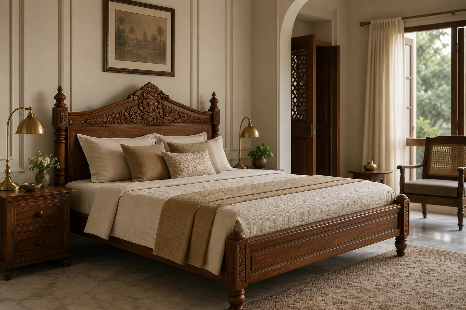 A styled Indore bedroom with teak bed and warm neutral decor showing classic aspirational look. photorealistic interior photograph of an elegant Indian bedroom featuring a solid teak wood bed frame with carved headboard, warm neutral