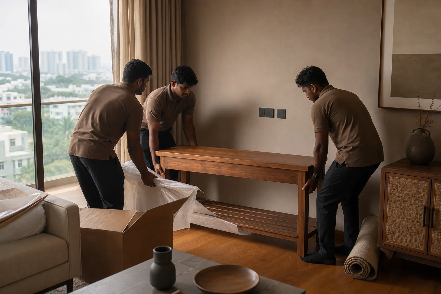 A delivery and unboxing moment showing a teak console table being carefully placed in a Chennai home. photorealistic: A delivery team carefully carrying and placing a solid teak wood console table into a modern Chennai apartment living