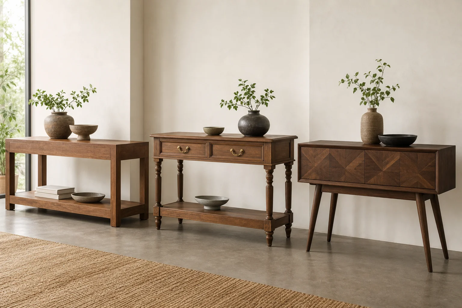 Three teak console table styles side by side showing modern, colonial, and mid-century design differences. photorealistic: A styled interior photography composition showing three distinct teak wood console tables in a row within a bright