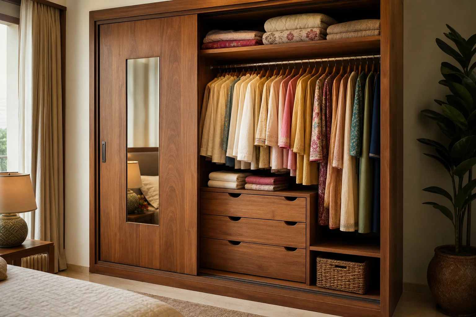 What Affects Solid Wood Wardrobe Prices in 2026? 2 Open solid wood wardrobe interior showing drawers, shelves, mirror panel, and hanging space to illustrate storage features that affect price. Photorealistic interior photograph of an open solid teak wood wardrobe with sliding door, showing