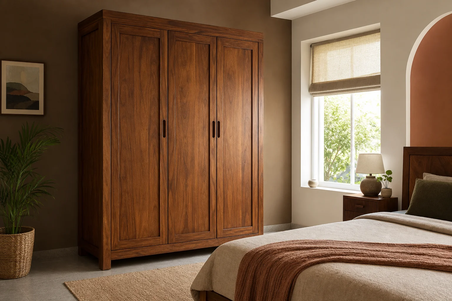 What Affects Solid Wood Wardrobe Prices in 2026? 3 A finished solid teak wardrobe placed inside a modern Indian bedroom, representing delivery and regional buying context. Photorealistic wide-angle photograph of a tall solid teak wood wardrobe with three doors placed in a bright, modern