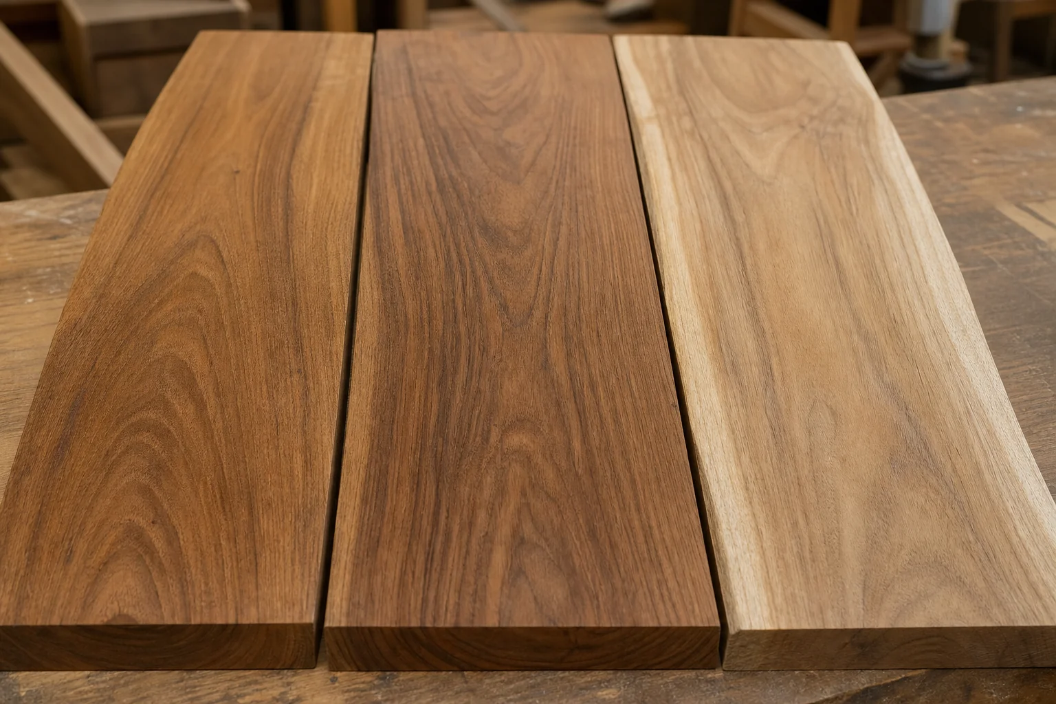Close-up of teak wood grain samples showing different grades. photorealistic close-up photograph of three solid teak wood planks laid side by side showing varying grain quality and color tones from golden-brown heartwood to lighter sapwood