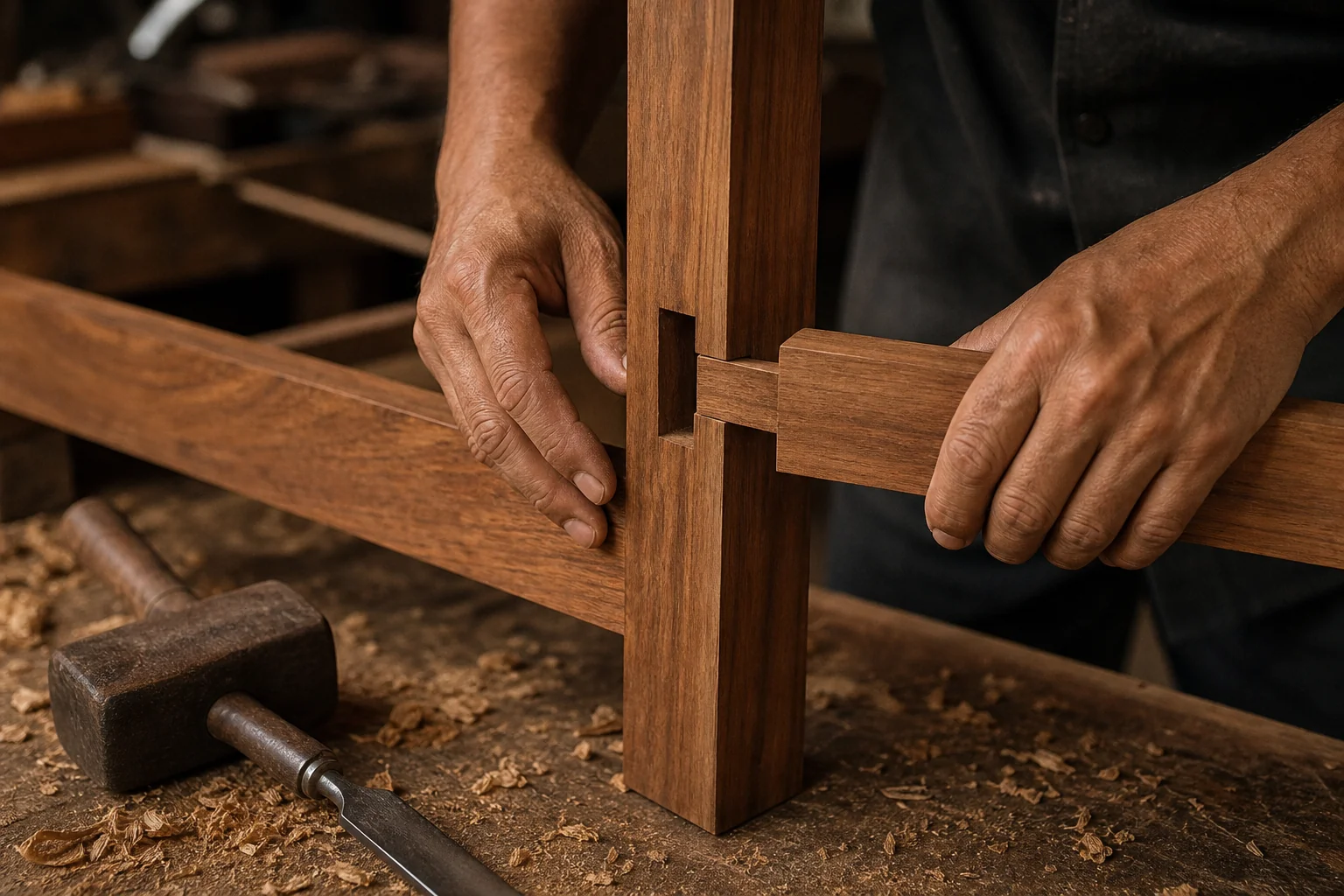 Craftsman hands assembling mortise and tenon joint on wooden furniture frame. photorealistic photograph of a skilled woodworker's hands fitting a mortise and tenon joint into a solid teak table leg frame, wood shavings on a workbench, warm