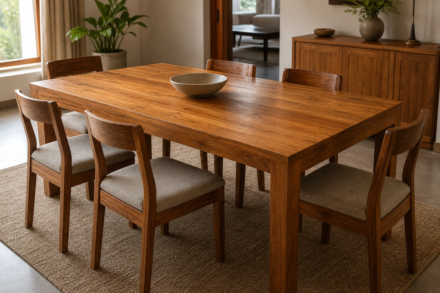 Finished teak dining table top with natural oil sheen in a dining room setting. photorealistic photograph of a solid teak wood dining table with a natural oil finish, warm golden-brown tone, set in a bright modern Indian dining room with