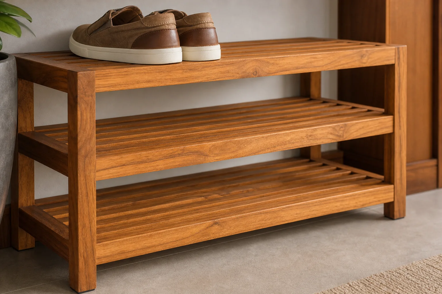 How to Choose the Right Wooden Shoe Rack for Entryways 2 Close-up of slatted teak shoe rack shelf showing airflow gaps. photorealistic close-up photo of a solid teak wood shoe rack shelf with slatted horizontal wood strips allowing visible airflow gaps, a pair of shoes resting on top, warm
