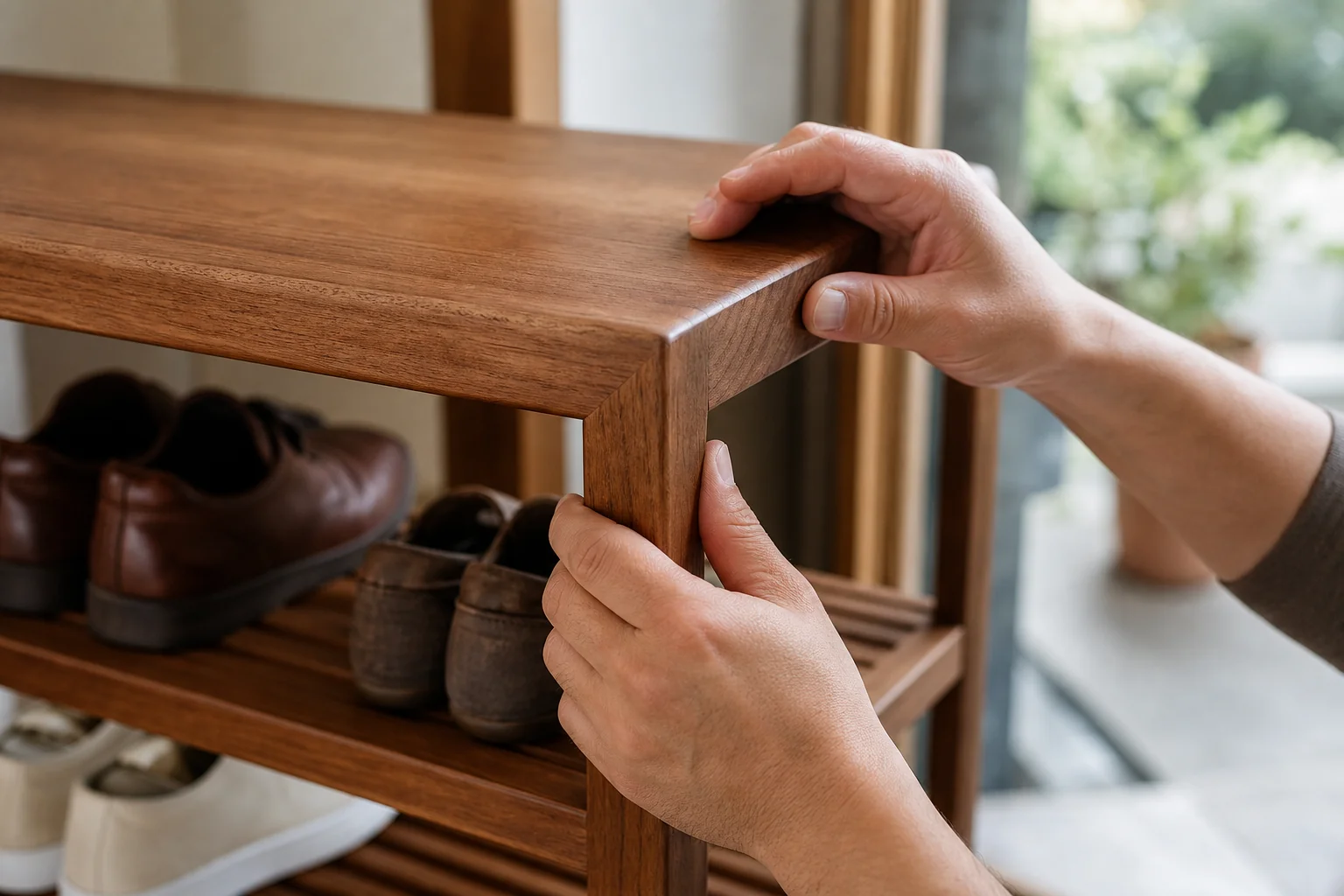 How to Choose the Right Wooden Shoe Rack for Entryways 3 Person checking wood joinery details on a shoe rack before purchase. photorealistic photo of a person's hands inspecting the wooden joinery and finish of a teak shoe rack corner in a home entryway, focus on hand-crafted joint detail, warm