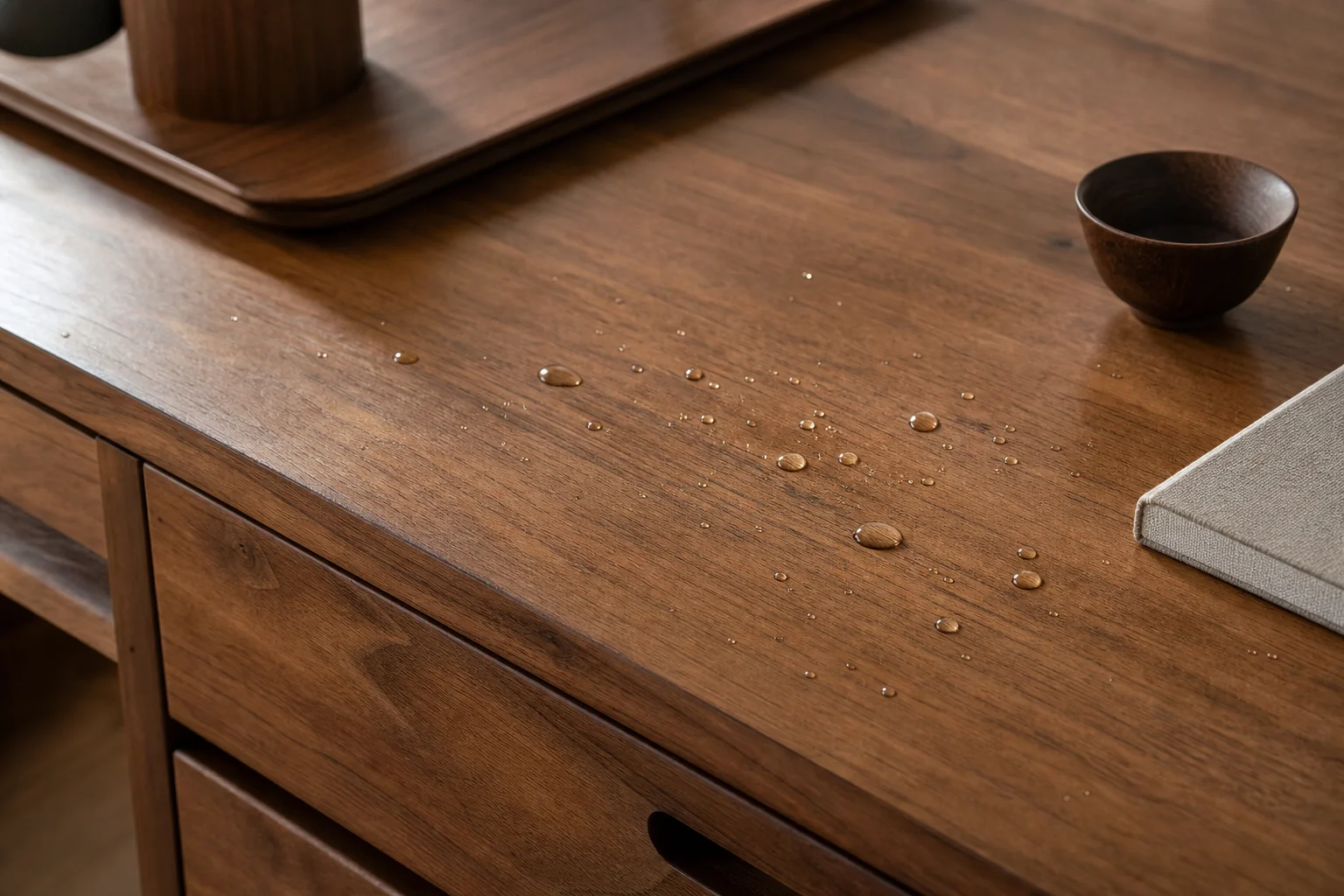 Close-up of teak wood grain and finish showing durability against humidity. Photorealistic close-up photograph of a solid teak wood desk surface showing rich natural grain texture and a smooth matte PU protective finish, water droplets